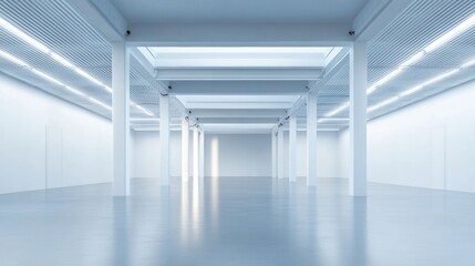 Futuristic empty white corridor with glowing ceiling lights clean architecture symmetrical modern minimal perspective space