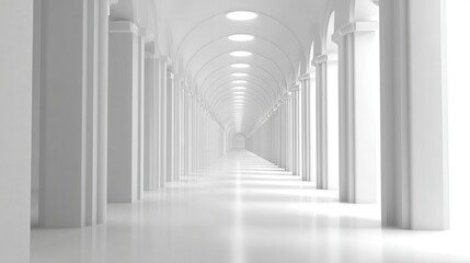 Fototapete - Marble columns framing elegant arches converging toward distant perspective, polished floor reflecting bright overhead lighting within minimalist architectural interior