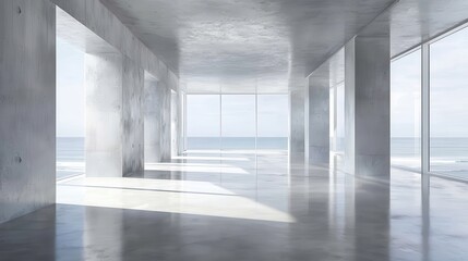 Fototapete - Sunlight illuminates empty modern concrete room with large windows overlooking a serene ocean view, creating a tranquil and spacious atmosphere