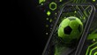 © Newleks - Digital soccer innovation showing glowing green ball bursting through smartphone display, dark minimalist background providing graphic design workspace