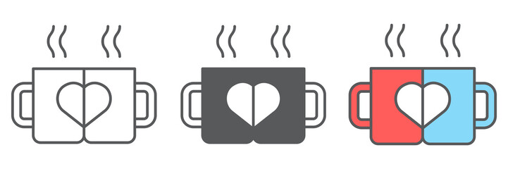 Poster - Lovely mugs icon collection, valentines day and cafe, mug with heart sign vector set graphics, editable stroke linear icon, eps 10
