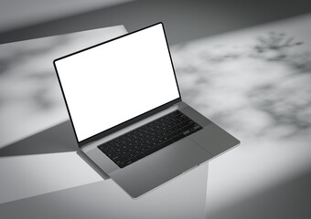 Poster - A laptop with a blank screen stands on the corner of a box-like surface, creating a modern, abstract, and stylish aesthetic. 3d render