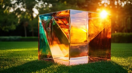 Poster - An artistic glass prism reflecting vibrant colors and golden light, symbolizing creativity and inspiration in an enchanting outdoor setting of nature.