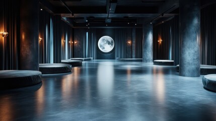 Poster - A minimalistic interior space illuminated by moonlight through a large window, creating an atmosphere of calm and serenity while embodying modern architectural elegance.