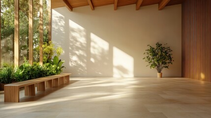 Poster - A bright and elegant modern interior space featuring large windows, natural light, and lush greenery, perfectly blending comfort and style in a serene and inviting atmosphere.