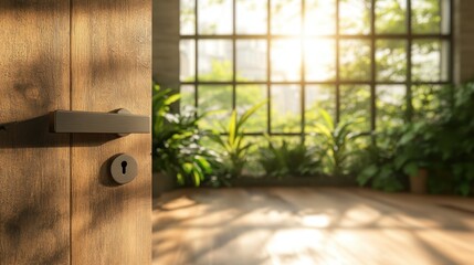 Poster - A serene interior scene showcasing a bright room with a wooden door, sunlight filtering through large windows, and lush greenery, evoking a peaceful ambiance for relaxation.