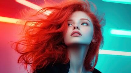 Poster - A striking close-up portrait of a model with flowing red hair illuminated by vibrant neon lights, creating a captivating and artistic atmosphere that draws in the viewer's attention.