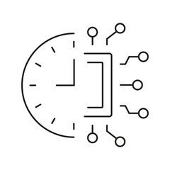Poster - Clock And Circuit Board Line Icon. Time Management And Digital Technology Integration Outline Symbol. Efficiency And Automation Concept. Editable Stroke. Isolated Vector Illustration