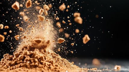 Poster - This captivating image showcases a dynamic eruption of brown powder against a dark background, illustrating motion and texture in a visually striking manner.
