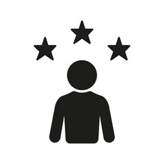 Poster - Person With Stars Solid Icon. Customer Satisfaction, Quality Rating, And User Experience Silhouette Symbol. Feedback And Evaluation Concept. Isolated Vector Illustration