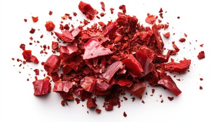 Poster - A collection of vibrant red crushed pieces scattered across a white surface, creating a striking contrast that captivates the eye with its boldness and texture.