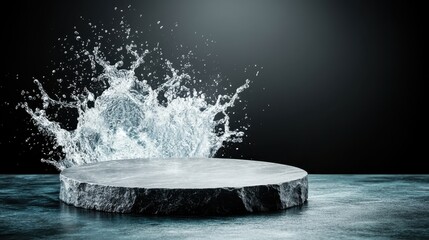 Poster - A mesmerizing splash of water bursts onto a sleek stone surface, creating a dynamic and powerful visual that captures movement and energy in an artistic manner.