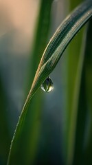 Wall Mural - a close-up image of a leaf droplet with water on its edge, blurred in the backdrop