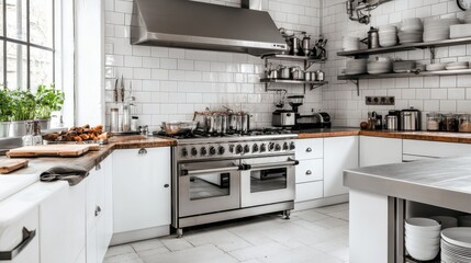Poster - A sleek and modern kitchen featuring a minimalist design with stainless steel appliances, white cabinets, and a clean layout that exudes elegance and functionality.