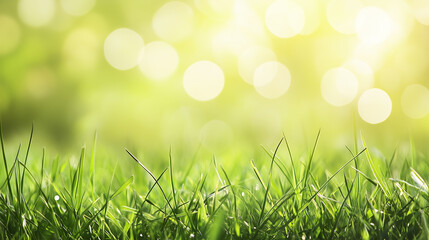 Wall Mural - a fresh spring sunny garden background of green grass and blurred foliage bokeh.