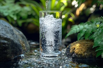 Poster - Pouring mineral water into a glass, concept of hydration and healthy lifestyle, Generative AI