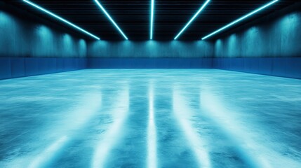 Poster - A striking interior space illuminated by blue neon lights, featuring a polished concrete floor that reflects the vibrant color, creating a modern and captivating atmosphere.