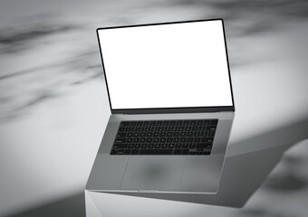 Poster - A laptop with a blank screen stands on the corner of a box-like surface, creating a modern, abstract, and stylish aesthetic. 3d render