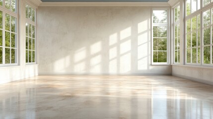Poster - This serene and minimalist room bathed in natural light from wide windows creates a calming atmosphere, inviting tranquility and creative possibilities for various uses.