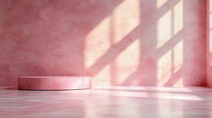 Poster - A minimalist pink room filled with soft natural light and distinct shadows, creating a calming atmosphere ideal for creative expression and modern aesthetic appreciation.