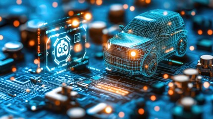 Aufkleber - Exploring autonomous vehicle technology on circuit board digital art futuristic environment close-up view
