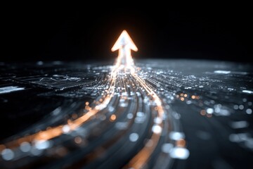 Poster - Futuristic glowing arrow symbol pointing upward on digital technological background