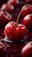 Poster - Close-up of fresh ripe cherries with water droplets on smooth glossy surface