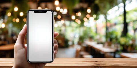 Aufkleber - Modern smartphone with blank screen held in hand in cozy indoor cafe setting with warm lighting