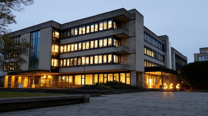 Aufkleber - Modern multi-story office building du evening with illuminated and outdoor lighting