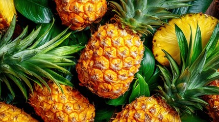 Poster - Fresh ripe pines with green leaves and tropical fruit background vibrant