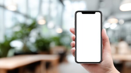 Aufkleber - Person Holding Smartphone with Empty White Screen in Bright Modern Indoor Environment