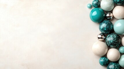 Poster - A visually appealing arrangement of colored decorative spheres placed against a soft background, showcasing various textures and shades that inspire creativity and aesthetic appeal.