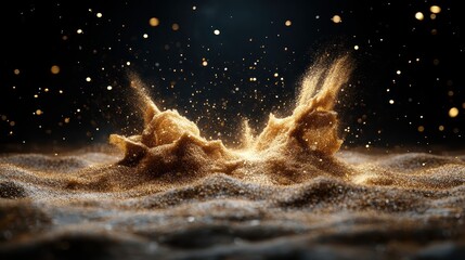 Poster - An artistic representation of golden dust captured mid-air, forming striking wave patterns that evoke a sense of movement, depth, and ethereal beauty in photography.