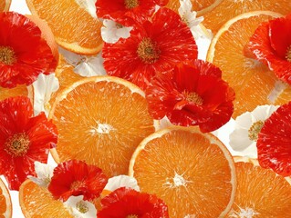 Poster - Assorted fresh orange slices and vibrant red poppy flowers arrangement