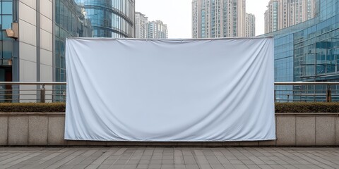 Aufkleber - Large blank white outdoor fabric display billboard on urban city street level with modern skyscrapers