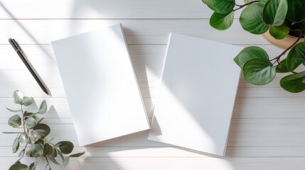 Poster - Minimalist White Notebooks and Green Plant on Bright Wooden Desk