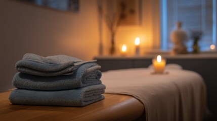 Poster - Cozy Massage Room with Soft Towels Warm Lighting Candles and Relaxing Atmosphere