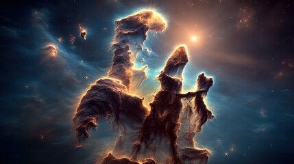 Poster - Dramatic cosmic cloud formations in space with glowing light and vibrant colors