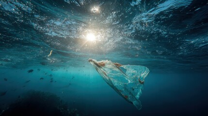Poster - Underwater scene featu a woman in a flowing dress swimming beneath sunlight in a clear ocean