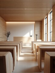 Poster - Modern minimalistic church interior with wooden benches and natural lighting