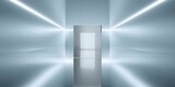 Futuristic minimalist hallway with glowing lines and central doorway light