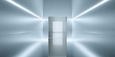 Poster - Futuristic minimalist hallway with glowing lines and central doorway light