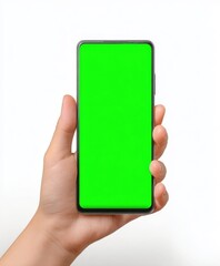 Poster - Hand holding a modern smartphone with a bright green screen in portrait orientation