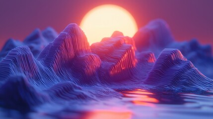 Poster - Sunset over abstract mountain landscape digital rendering serene environment vibrant colors
