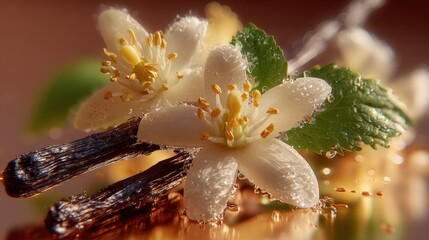 Aufkleber - Close-up of delicate white jasmine flowers with water droplets on green leaves and dark wood background