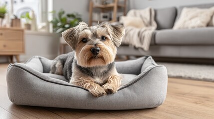 Poster - Cute Small Dog Lying in Bed at Home Cozy Interior Modern Living Room Decor