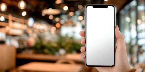 Aufkleber - Modern person holding smartphone with blank screen in cozy cafe interior background