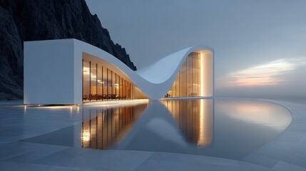 Poster - Modern futuristic architecture building with sleek curves and glass facade at dusk
