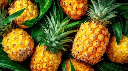 Poster - Fresh Tropical Pines with Green Spiky Leaves and Ripe Juicy Yellow Skin