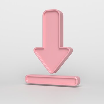 Pink 3D download arrow icon on white background, digital symbol